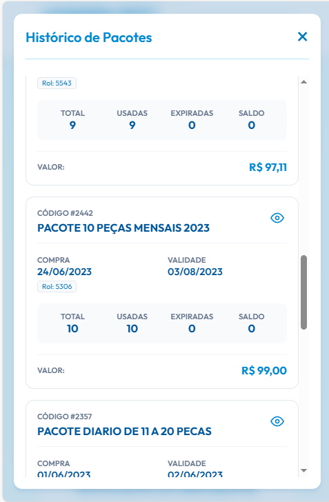 Extrato do Cliente - Historico de Pacotes