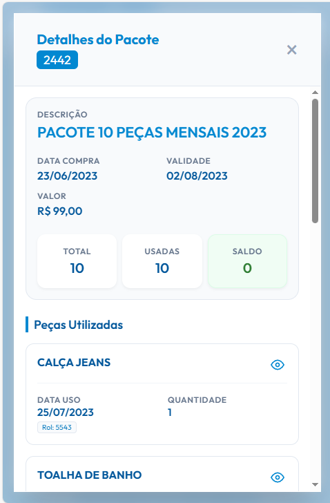 Extrato do Cliente - Detalhes do Pacote