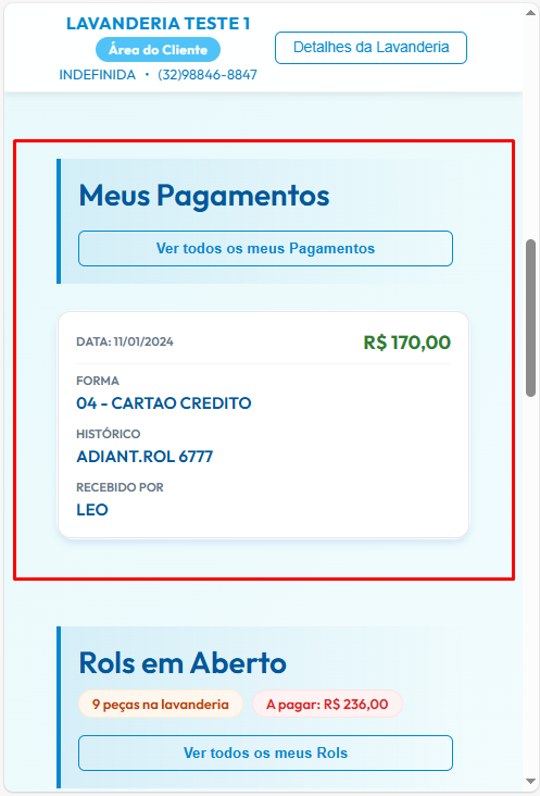 Extrato do Cliente - Sessão Meus Pagamentos